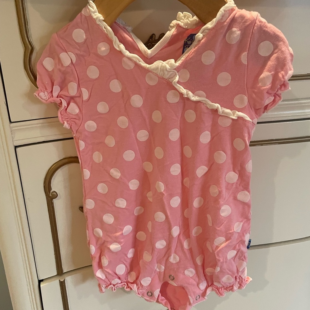 Kickee Pants Pink and White Bodysuit Pajamas with Ruffled Trim